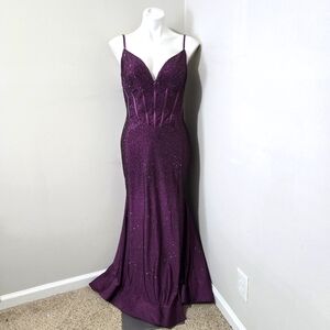 Sz 16 Sherri Hill 55920 Plum Purple Stretch Corset-Style Mermaid Gown w Crystals